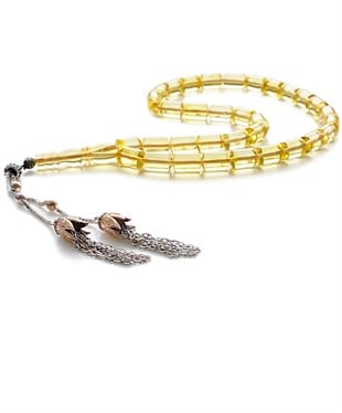 925 Ayar Gümüş Püsküllü Silindir Kesim Limon Rengi Baltık Damla Kehribar Tesbih