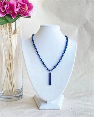 925 Ayar Gümüş Uçlu Özel Seri Mavi Kehribar Kolye