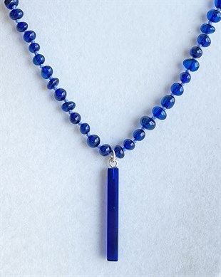 925 Ayar Gümüş Uçlu Özel Seri Mavi Kehribar Kolye