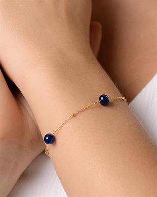 Altın Kaplama 925 Ayar Gümüş Yetişkin Mavi Kehribar Bileklik