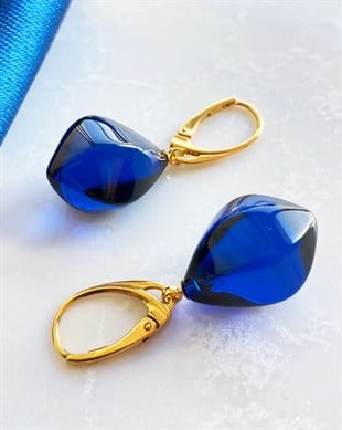 925 Ayar Özel Tasarım Gümüş Mavi Kehribar Küpe