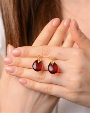 925 Ayar Yaprak Tasarım Gümüş Kırmızı Kehribar Küpe