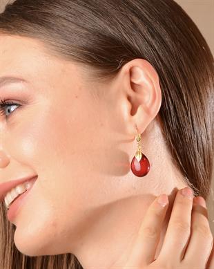 925 Ayar Yaprak Tasarım Gümüş Kırmızı Kehribar Küpe