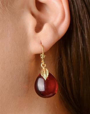 925 Ayar Yaprak Tasarım Gümüş Kırmızı Kehribar Küpe