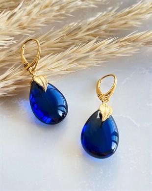 925 Ayar Yaprak Tasarım Gümüş Mavi Kehribar Küpe