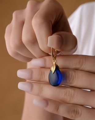 925 Ayar Yaprak Tasarım Gümüş Mavi Kehribar Küpe