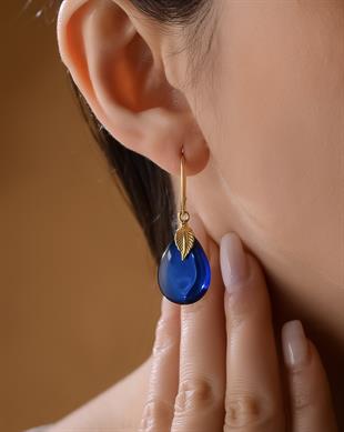 925 Ayar Yaprak Tasarım Gümüş Mavi Kehribar Küpe