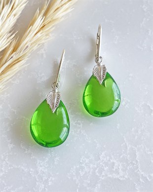 925 Ayar Yaprak Tasarım Gümüş Yeşil Kehribar Küpe