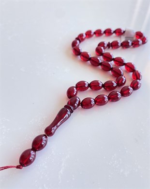 9x7 mm Arpa Kesim Dominik Kırmızı Damla Kehribar Tesbih