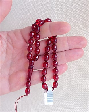 9x7 mm Arpa Kesim Dominik Kırmızı Damla Kehribar Tesbih