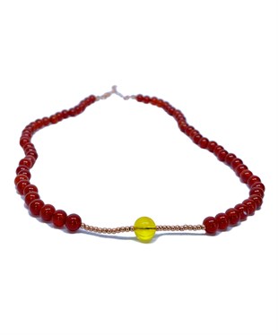 Akik Taşlı Gümüş Zincirli Limon Rengi Anne Kehribar Kolye