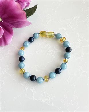 Akuamarin Taşlı Bal Rengi Kehribar Bileklik