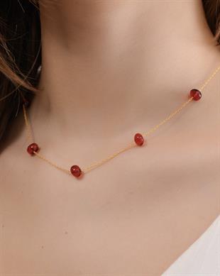 Altın Kaplama 925 Ayar Gümüş Kırmızı Kehribar Kolye