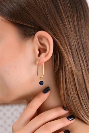 Altın Kaplama 925 Ayar Gümüş Mavi Kehribar Küpe