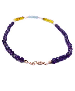 Ametist İnci Taşlı Gümüş Zincirli Bal Rengi Kehribar Kolye