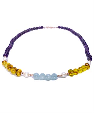 Ametist İnci Taşlı Gümüş Zincirli Bal Rengi Kehribar Kolye