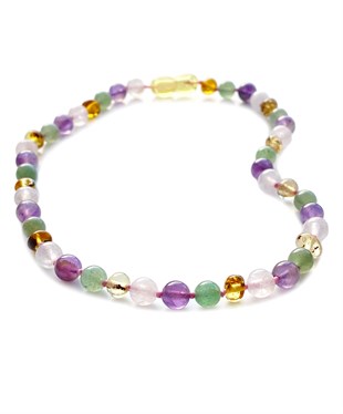 Ametist Quartz Aventurin Taşlı Bal Rengi Kehribar Kolye
