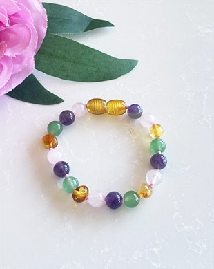 Ametist Quartz Aventurin Taşlı Bal Rengi Kehribar Bileklik