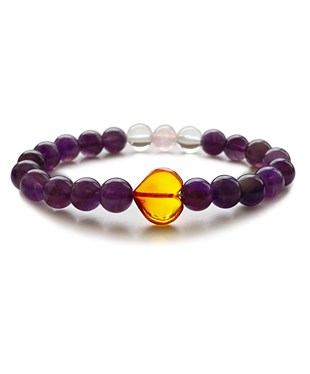 Ametist Taşlı Kalpli Karamel Rengi Kehribar Bileklik