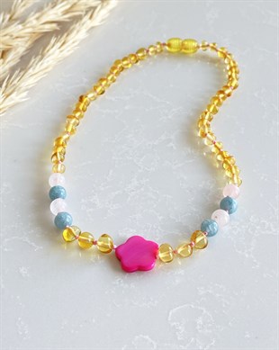 Çiçek Bal Rengi Kehribar Kolye