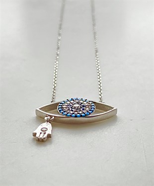 Fatmanın Eli Göz Nazar Boncuklu Gümüş Kolye