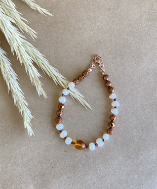 İnci Hematit Taşlı Karamel Rengi Kehribar Bileklik