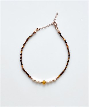 İnci Kaplangözü Taşlı Bal Rengi Kehribar Bileklik