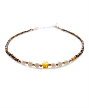 İnci Kaplangözü Taşlı Bal Rengi Kehribar Bileklik