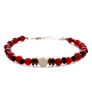 İnci Kırmızı Akik Hematit Taşlı Vişne Rengi Kehribar Bileklik
