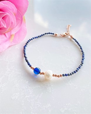 İnci Lapis Taşlı Mavi Kehribar Bileklik