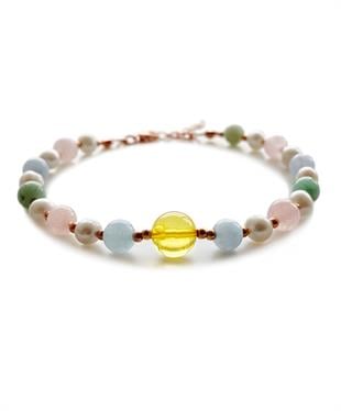 İnci Pembe Quartz Akuamarin Aventurin Taşlı Limon Rengi Kehribar Bileklik