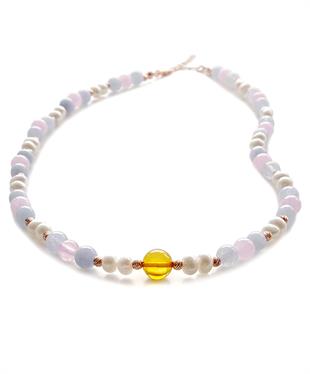 İnci Pembe Quartz Akuamarin Taşlı Bal Rengi Kehribar Kolye