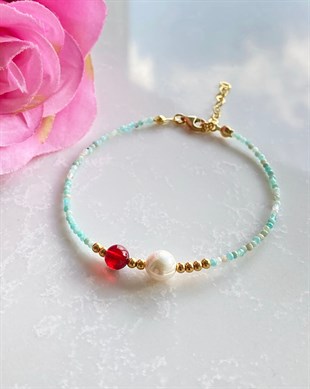 İnci Turkuaz Taşlı Vişne Rengi Kehribar Bileklik