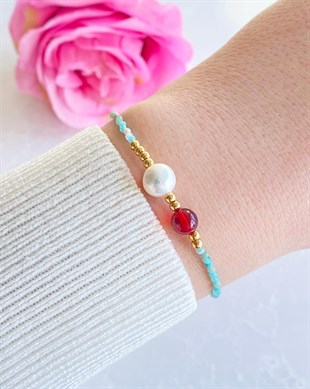 İnci Turkuaz Taşlı Vişne Rengi Kehribar Bileklik