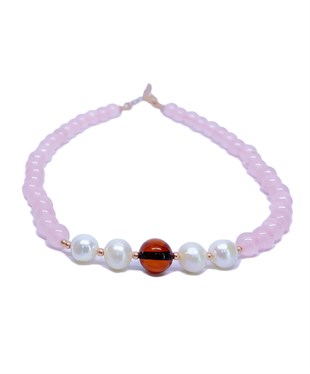 İnci Quartz Taşlı Gümüş Zincirli Karamel Rengi Anne Kehribar Kolye