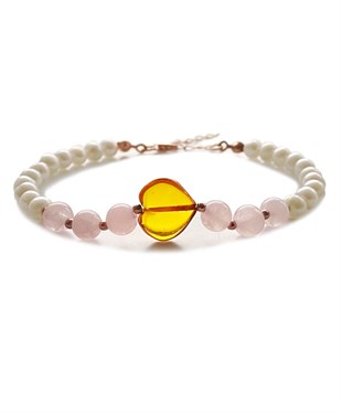 İnci Quartz Taşlı Kalpli Karamel Rengi Kehribar Bileklik