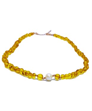 İnci Taşlı Gümüş Zincirli Bal Rengi Anne Kehribar Kolye