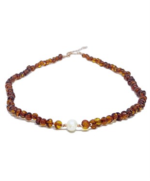 İnci Taşlı Gümüş Zincirli Karamel Rengi Anne Kehribar Kolye