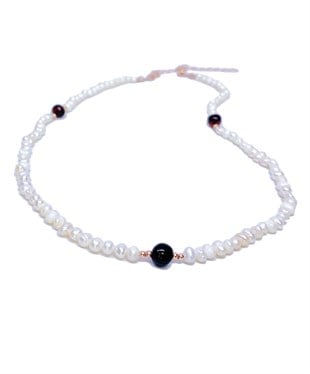 İncili Gümüş Zincirli Vişne Rengi Anne Kehribar Kolye