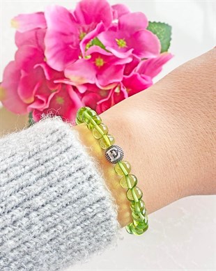 Kişiye Özel Harfli Yeşil Renk Kehribar Bileklik