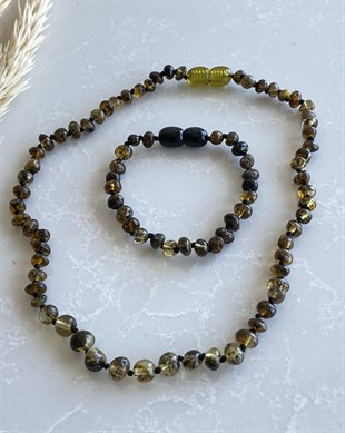 Koyu Yeşil Kehribar Kolye ve Kehribar Bileklik Seti