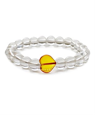 Kristal Quartz Taşlı Kalpli Karamel Rengi Kehribar Bileklik