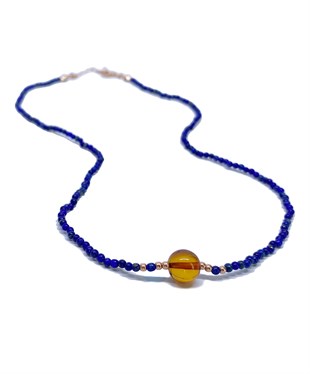 Lapis Taşlı Gümüş Zincirli Karamel Rengi Anne Kehribar Kolye