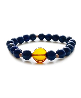 Lapis Taşlı Kalpli Karamel Rengi Kehribar Bileklik