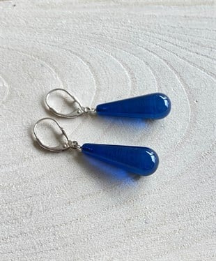 925 Ayar Gümüş Mavi Kehribar Küpe