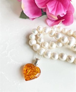 Özel Seri 925 Ayar Gümüş Kalp Kehribar Kolye