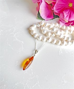 Özel Seri 925 Ayar Gümüş Su Damlası Kehribar Kolye