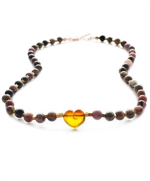 Rodonit Hematit Taşlı Kalp Karamel Rengi Kehribar Kolye