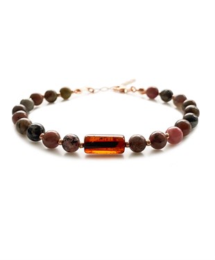 Rodonit Taşlı Vişne Rengi Kehribar Bileklik