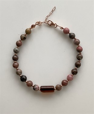 Rodonit Taşlı Vişne Rengi Kehribar Bileklik